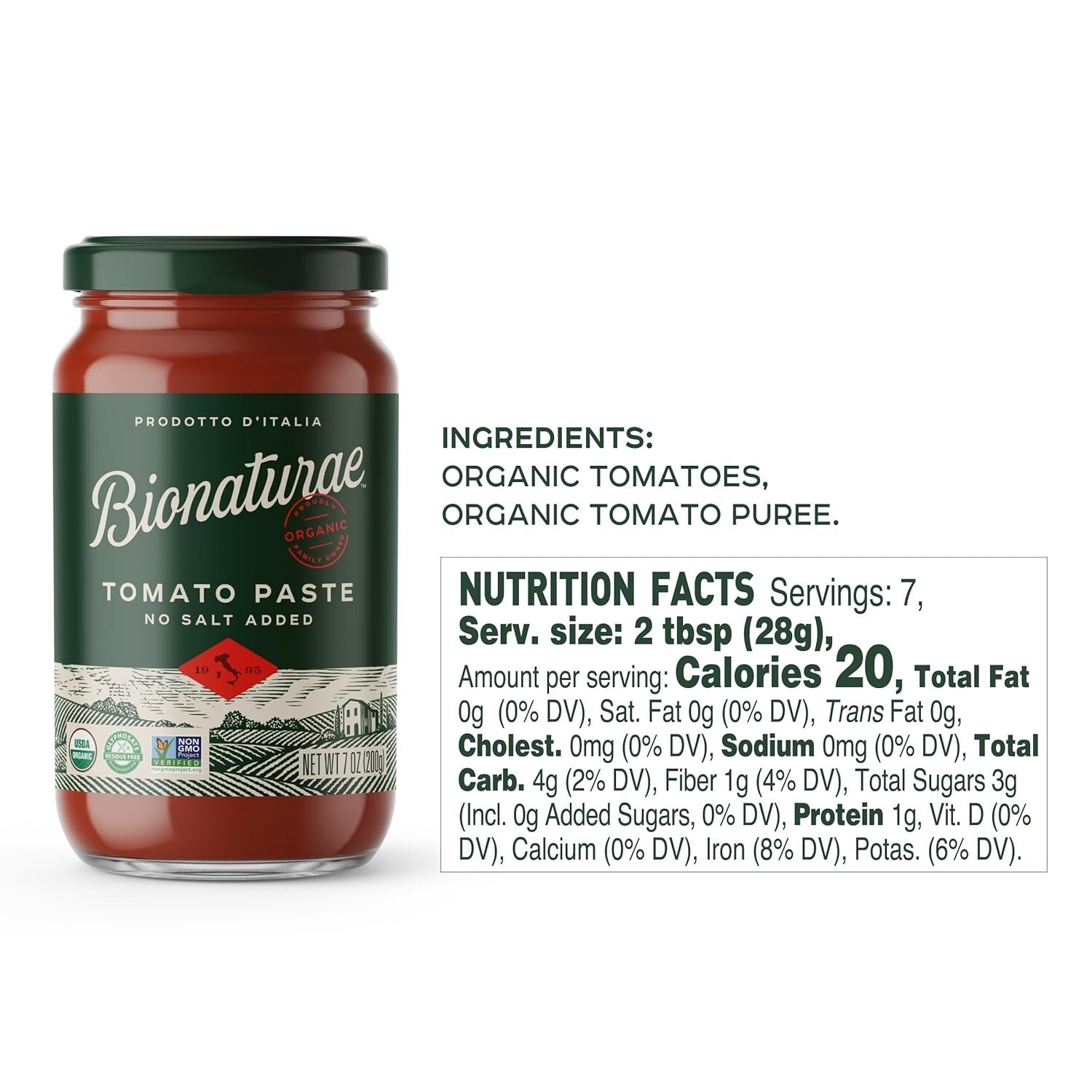 Authentic Italian Tomato Paste - 7 Oz Jars, No Added Salt, Organic & Gluten-Free