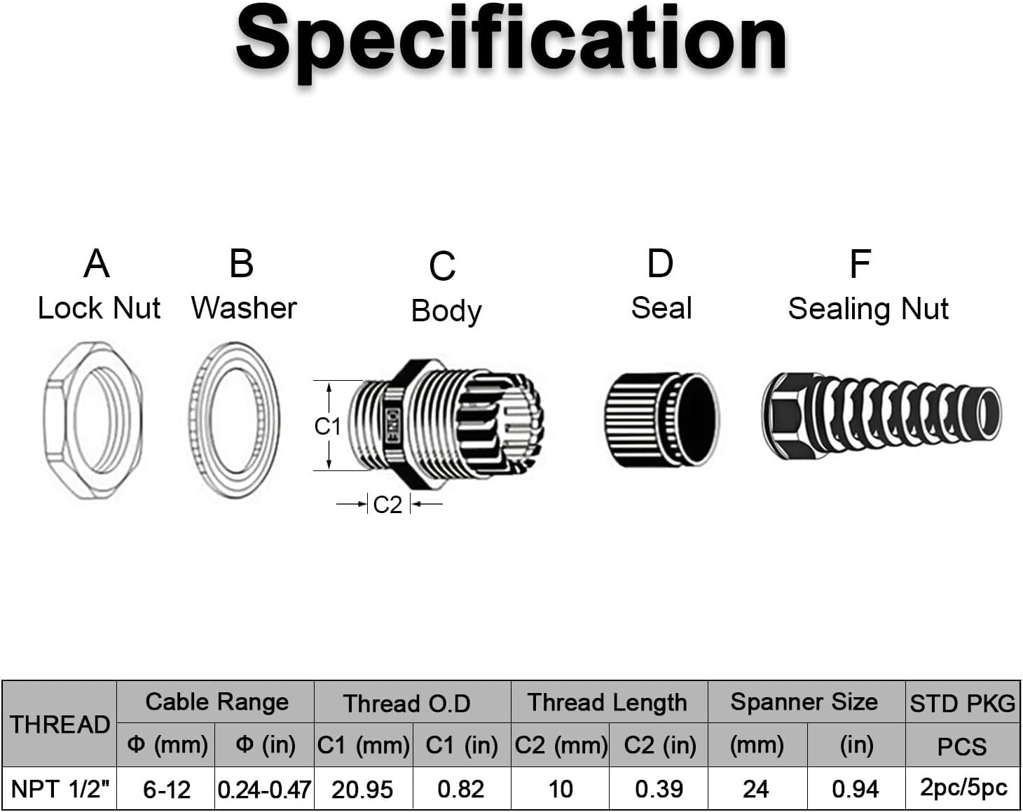 Durable 50-Piece NPT 1/2" Waterproof Cable Glands – Heat & Abrasion Resistant