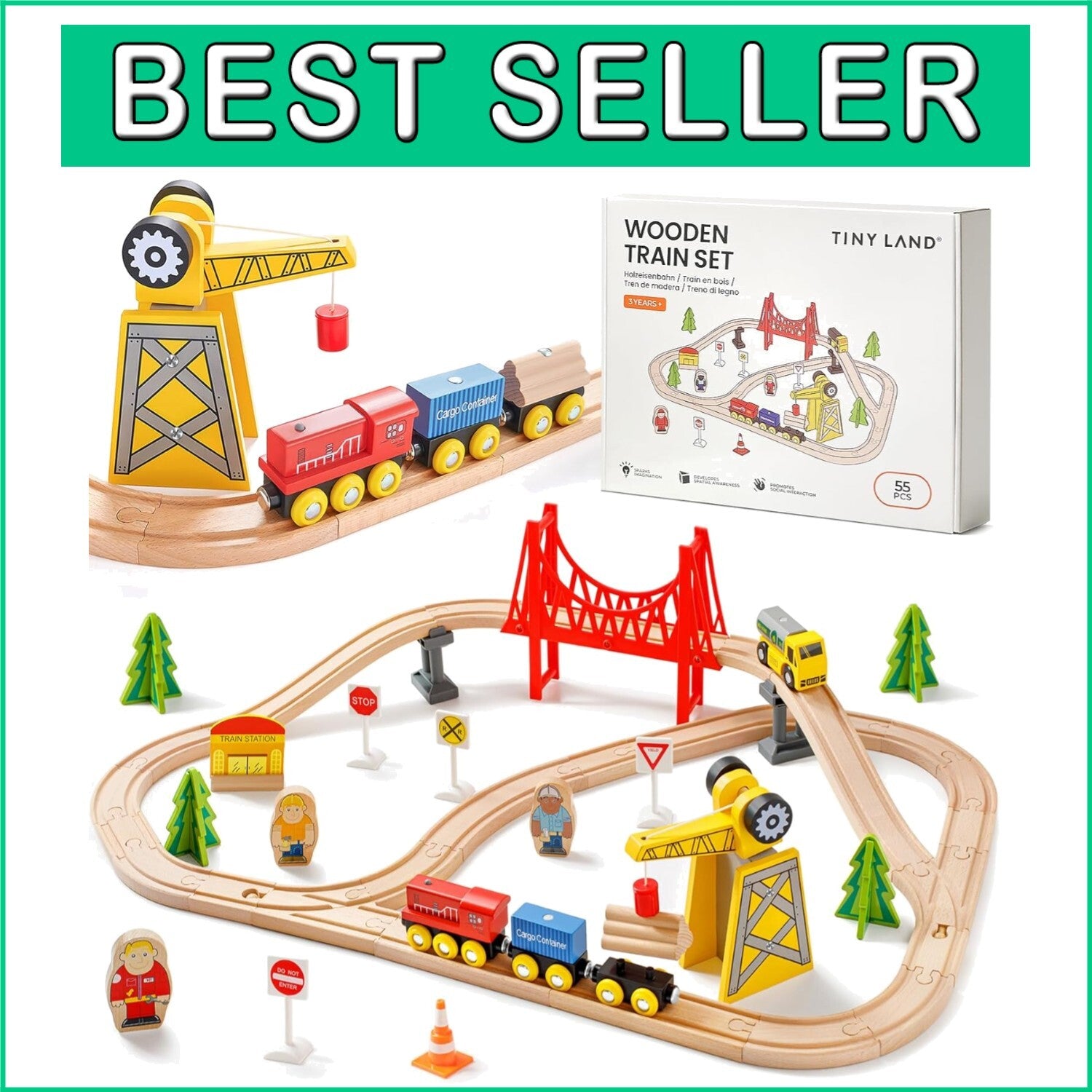 Educational Wooden Train Set with Crane - 55PCS for Toddlers & Kids