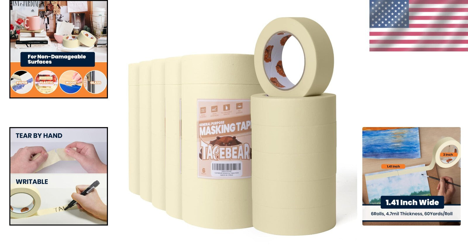 Non-Damaging Beige White Masking Tape - 36 Rolls, Ideal for DIY & Home Office