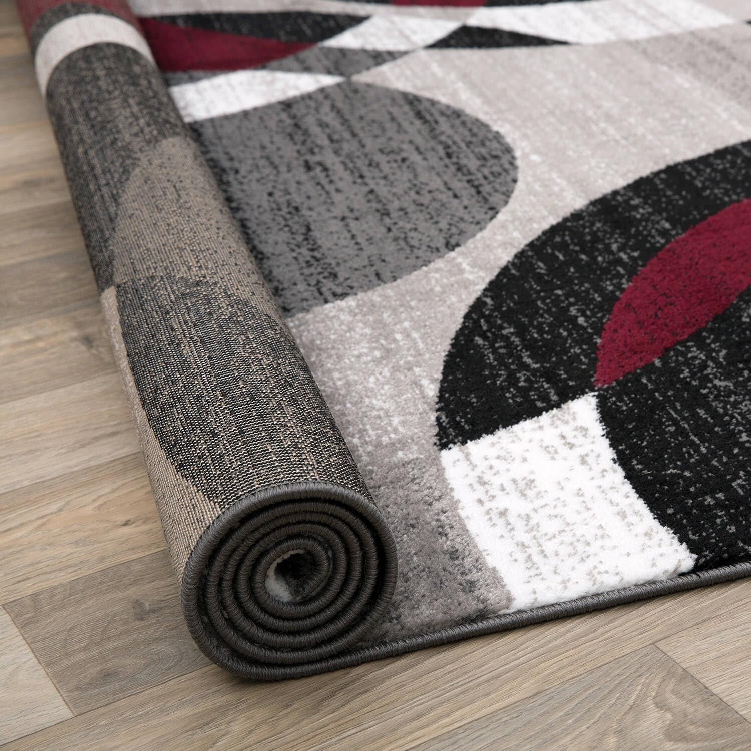 Durable Red Abstract Geometric Runner Rug - Perfect for Living Rooms & Kitchens