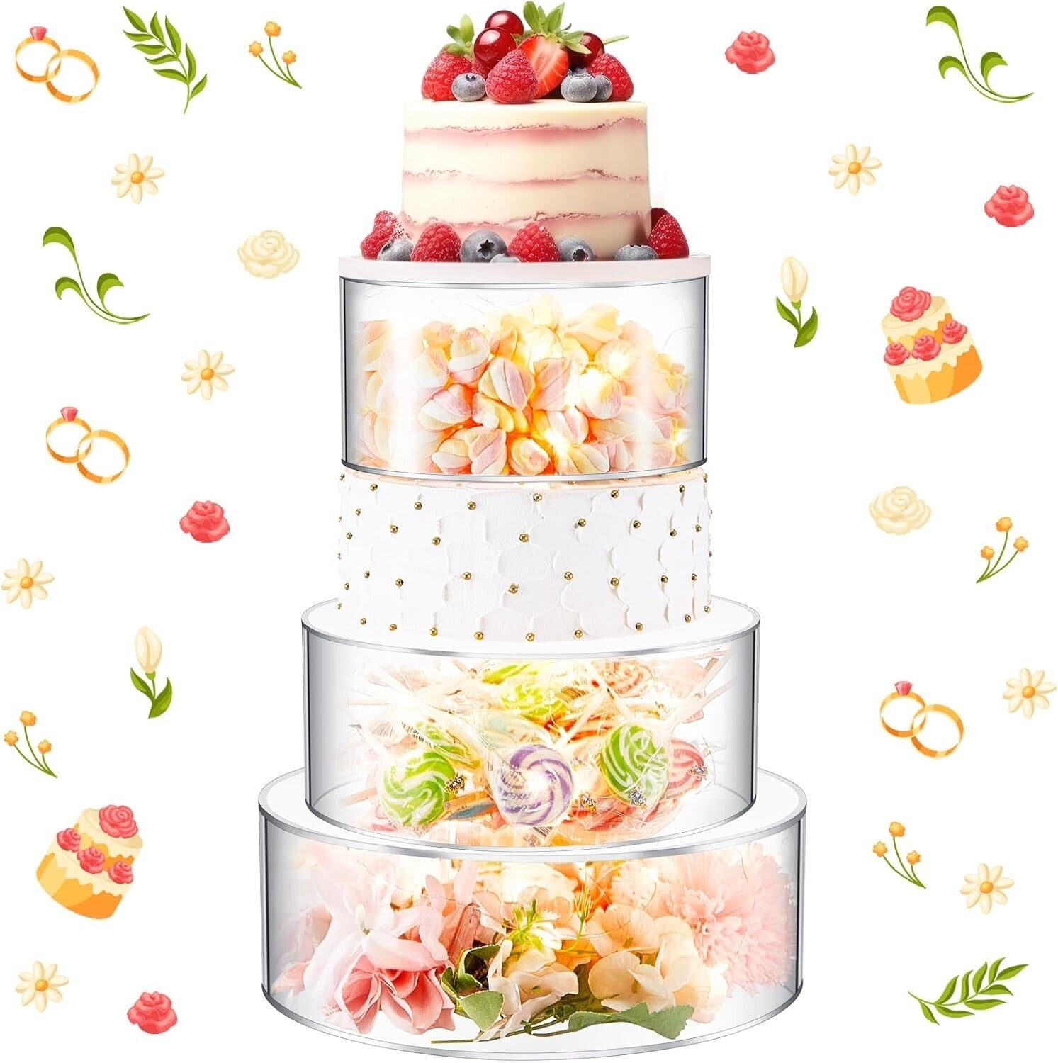 Clear Fillable Cake Riser Set with LED - 6'', 8'', 10'' for Stunning Displays