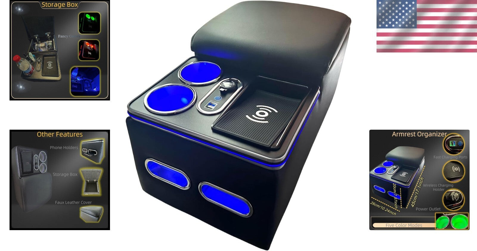 Stylish Armrest Storage Box with Wireless Charge & Dual Cup Holders for Vehicles