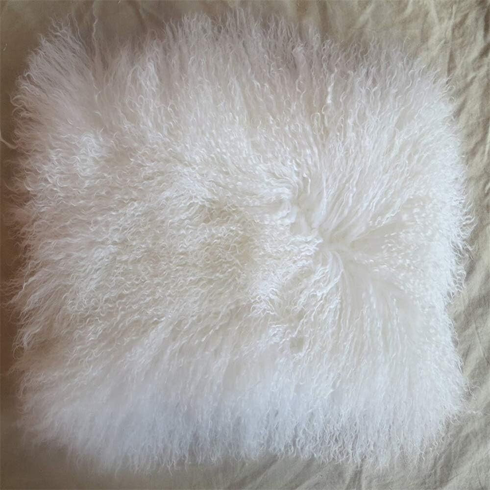 Elegant 16'' x 16'' White Curly Mongolian Lamb Fur Pillow Cover - Home Accent