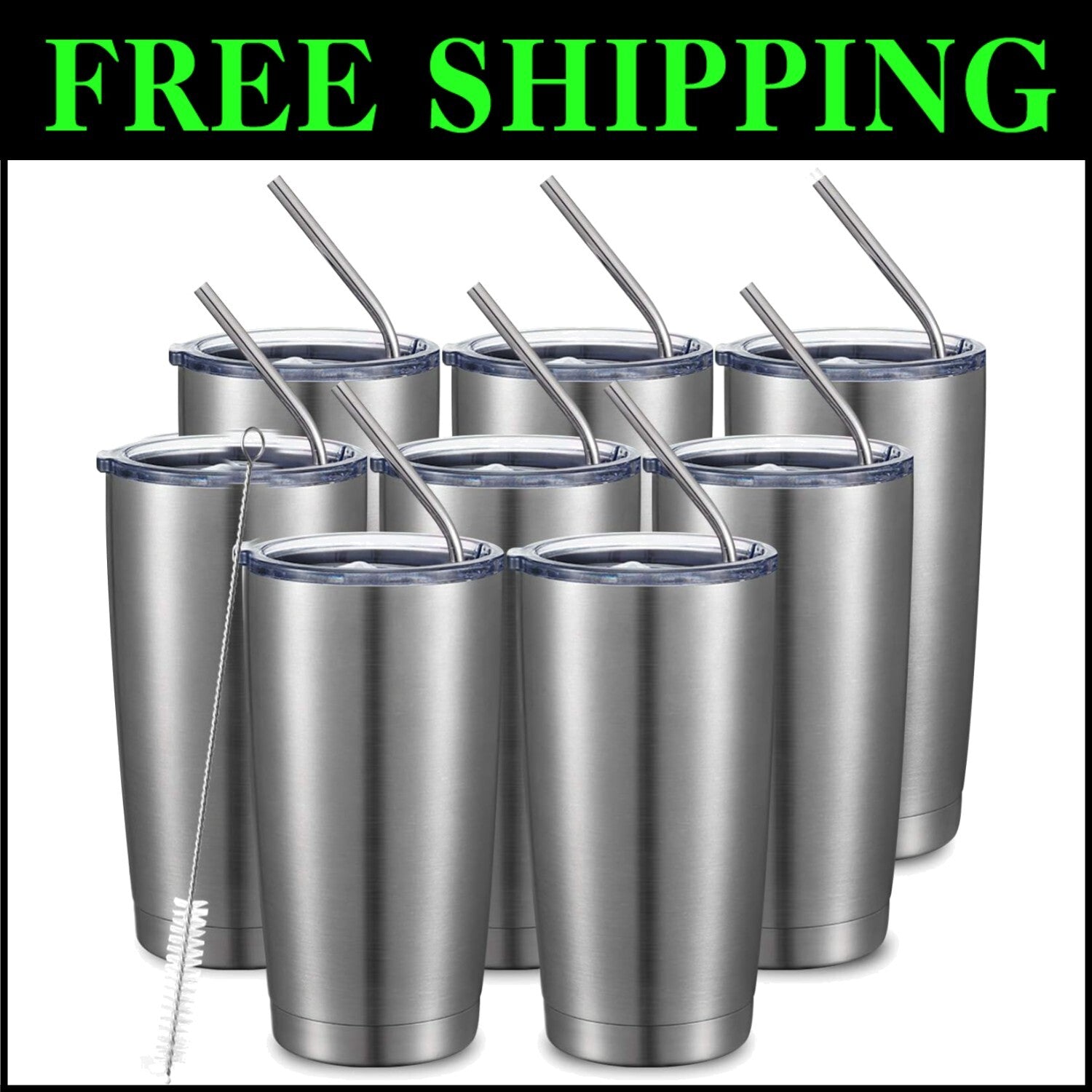 8 Pack of 20oz Insulated Stainless Steel Travel Mugs with Straws - Sleek Design
