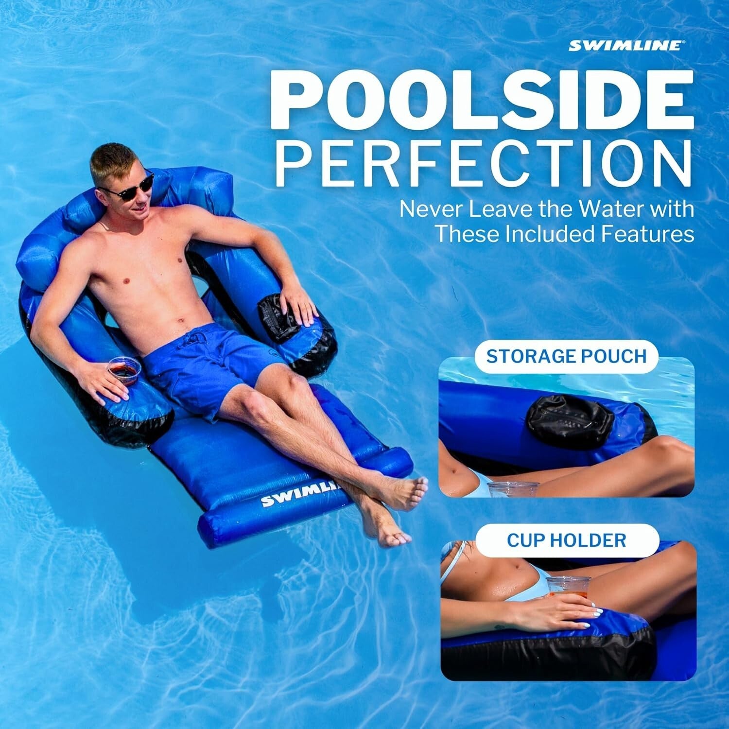 Nylon Fabric Pool Float Mattress with Supportive Headrest & Easy Air Setup, 55"L