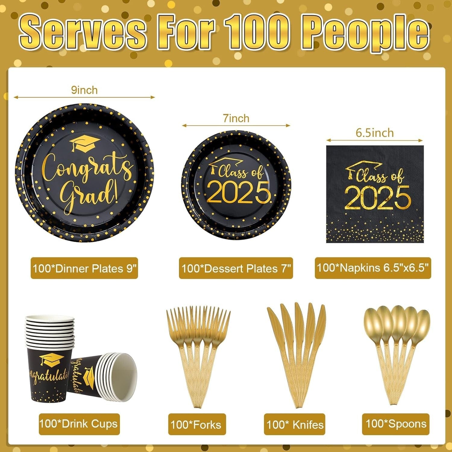 Easy-Clean 700pcs Graduation Essentials Set - Serve 100 in Black & Gold Elegance