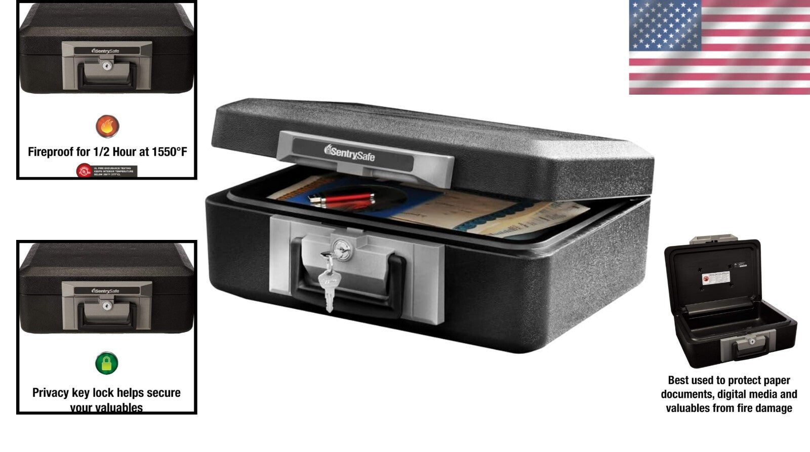 Durable Fire Resistant Safe with Key Lock and Carrying Handle - 6.3" x 15.3"