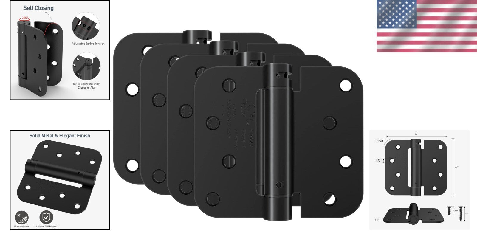 Soft Close Door Hinges - 4 Pack, Matte Black, Ideal for Residential & Commercial