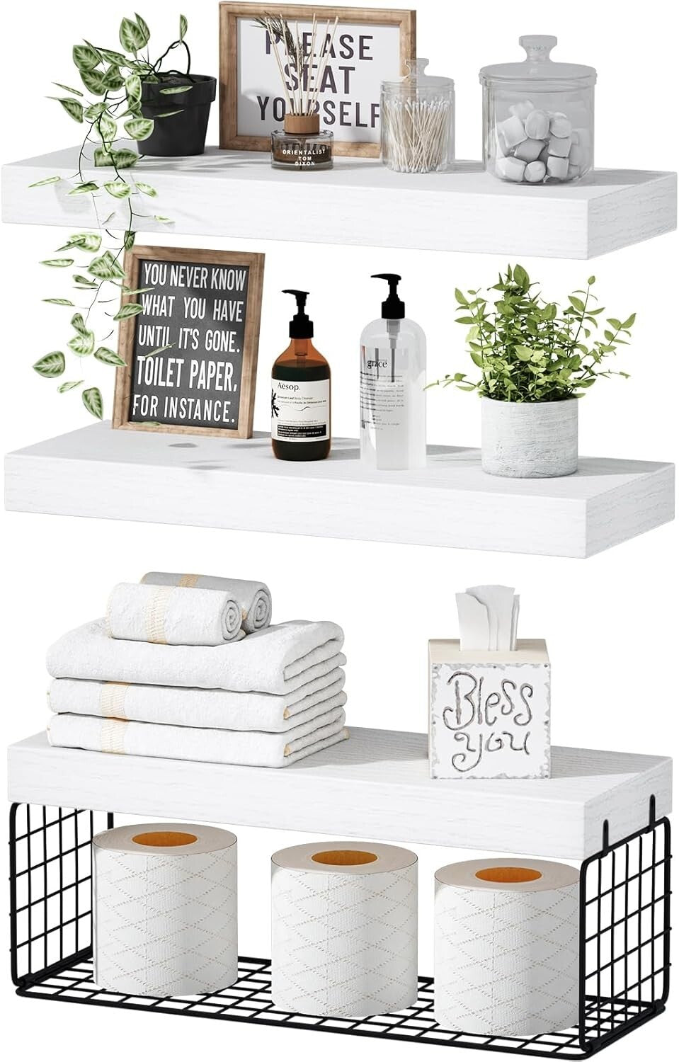 Farmhouse Floating Bathroom Shelves Set of 3 - Over Toilet Storage Solution