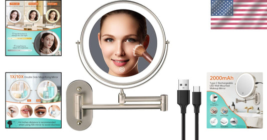 8-Inch Lighted Bathroom Makeup Mirror - Double-Sided 1X & 10X with Touch Dimming