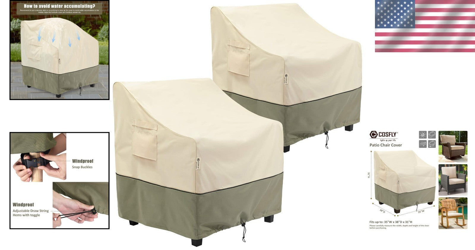 2-Pack Waterproof Outdoor Patio Chair Covers, Fits Up to 35W x 38D x 31H