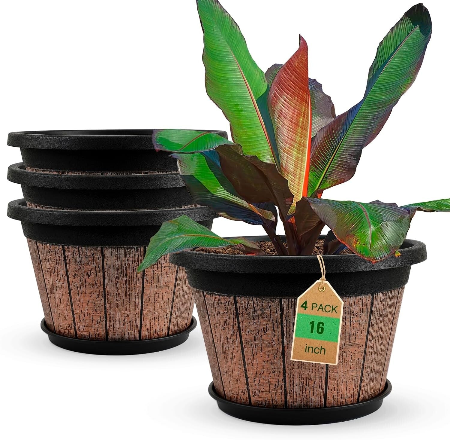 Sturdy 4 Pack 16 Inch Round Planters with Drainage Holes - Rustic Brown Finish