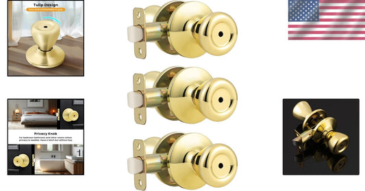 Elegant 3 Pack Keyless Privacy Door Knobs in Polished Brass - Easy Installation