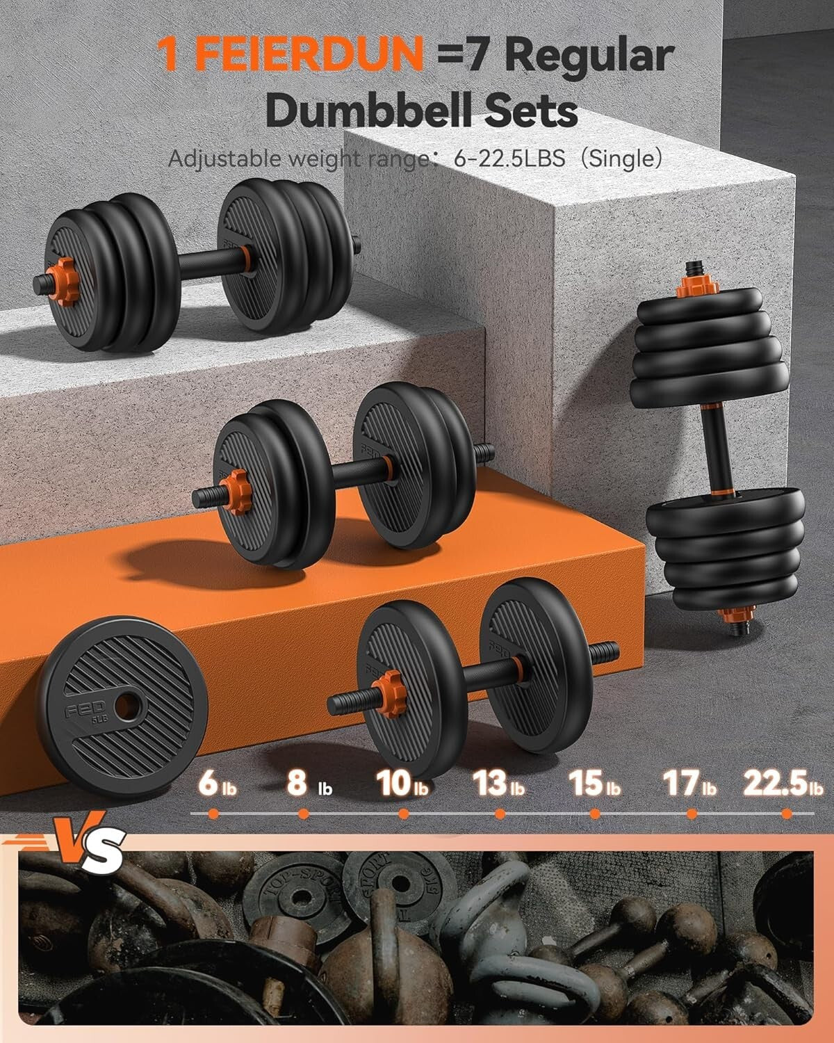 5-in-1 Adjustable Dumbbell Set: Versatile 20/30/40/45/70/90lbs Fitness Equipment