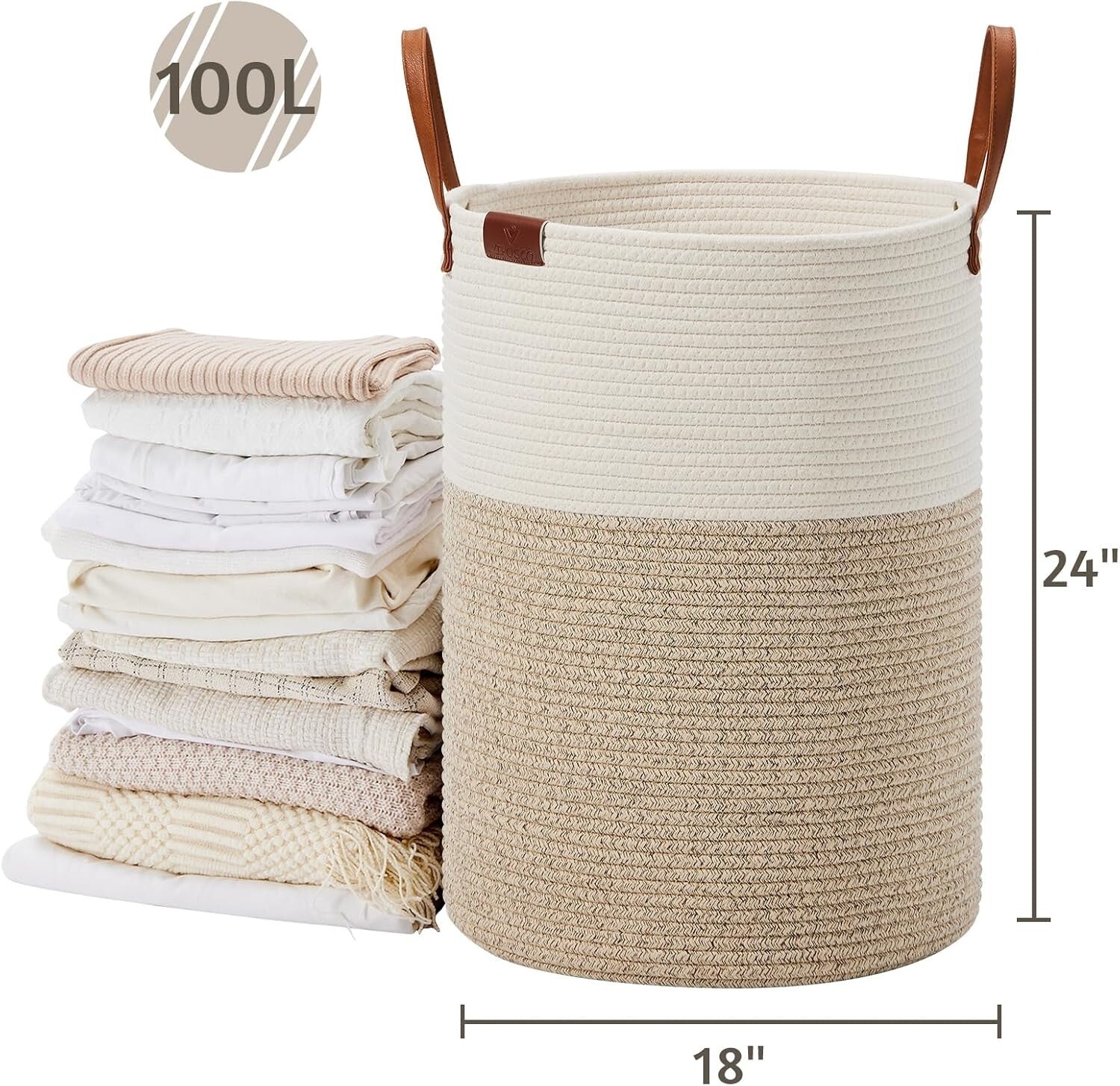 Durable 100L Laundry Hamper with Leather Handle - Portable Woven Storage Basket