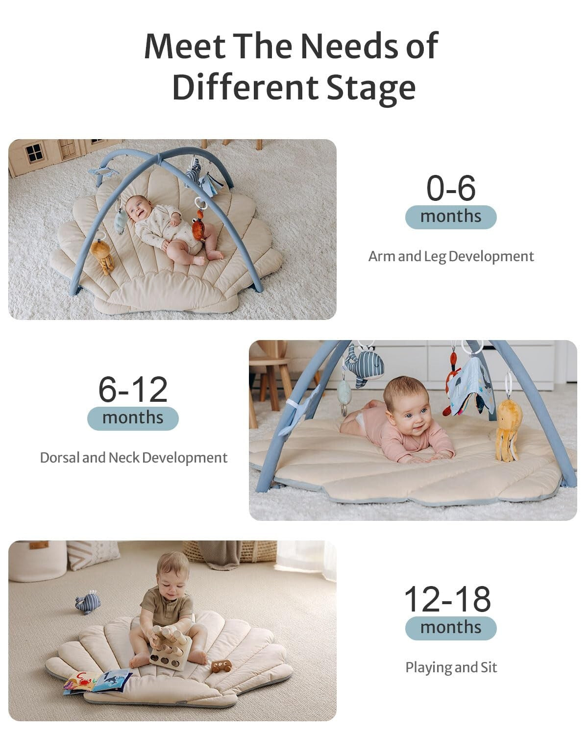 Boho Ocean-Themed Baby Play Gym Mat with 6 Sensory Toys for Early Development