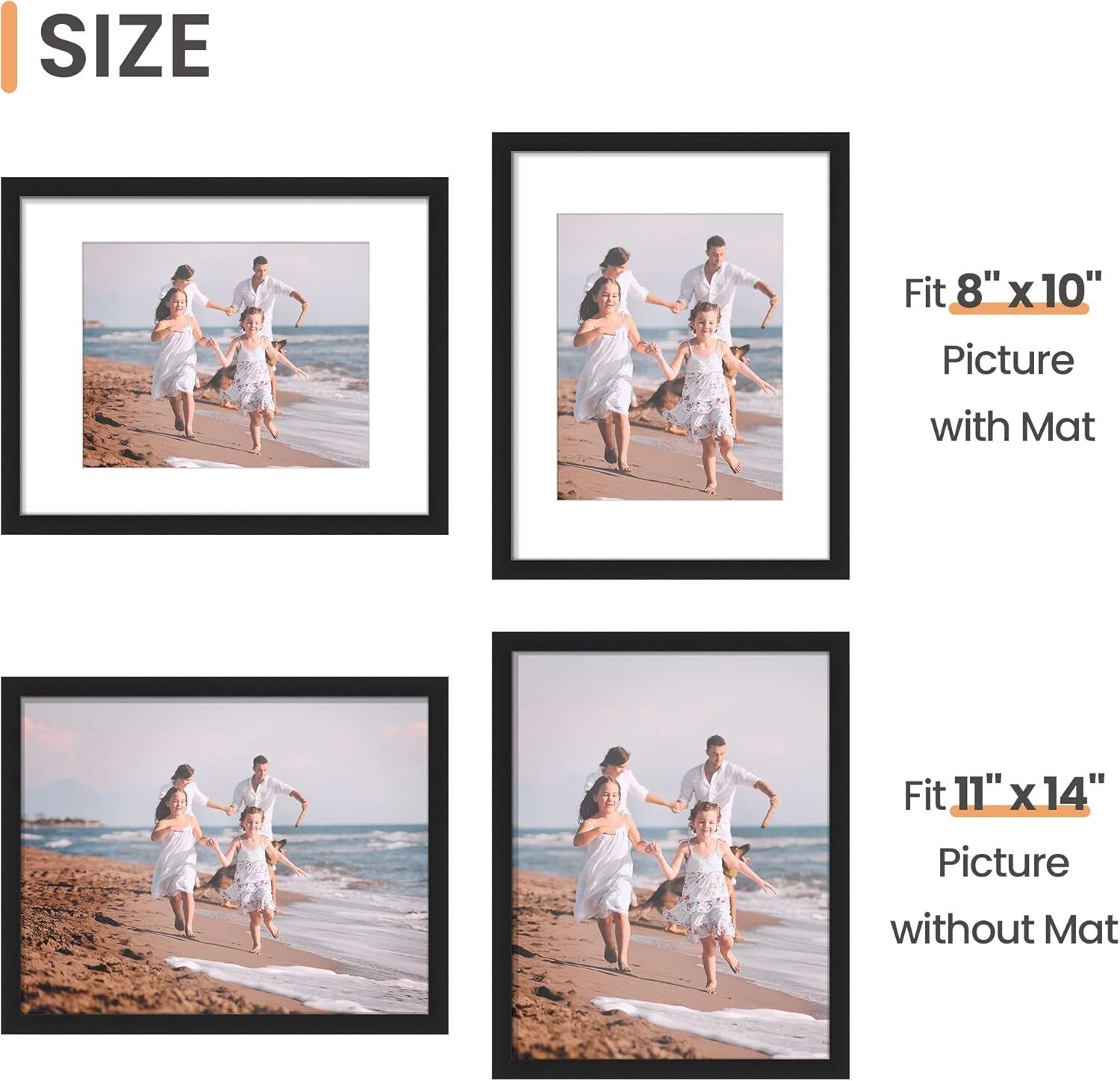 Elegant 11x14 Picture Frame Set of 10 - Display 8x10 with Mat or 11x14 Without