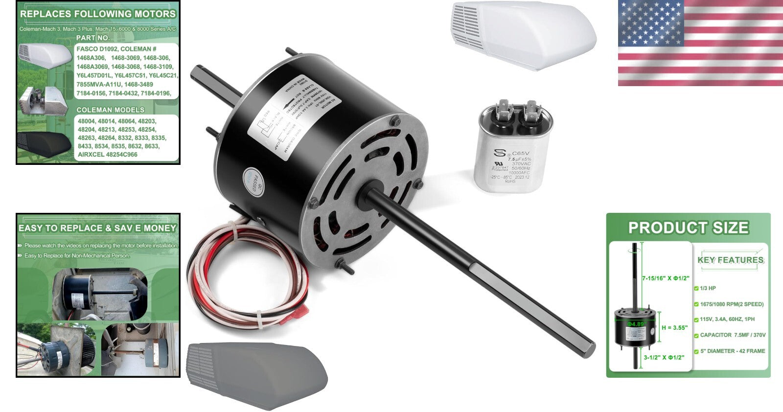 RV Air Conditioner Motor with Capacitor - Direct Replacement for Coleman Mach