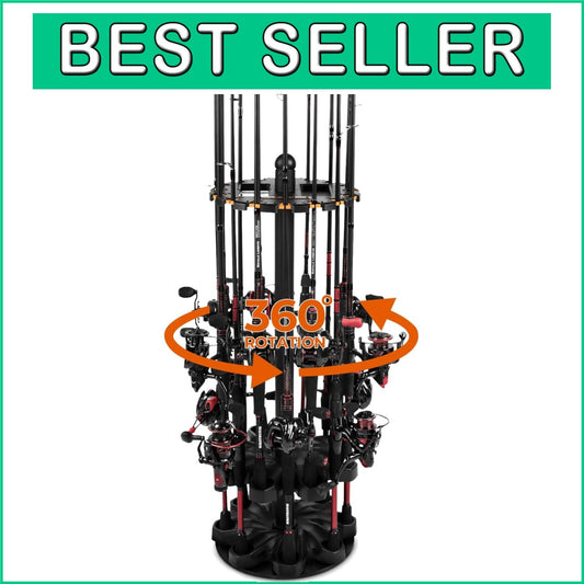 Durable 16 Rod Fishing Rack with Rotating Base & Foam Inserts for Gear Storage