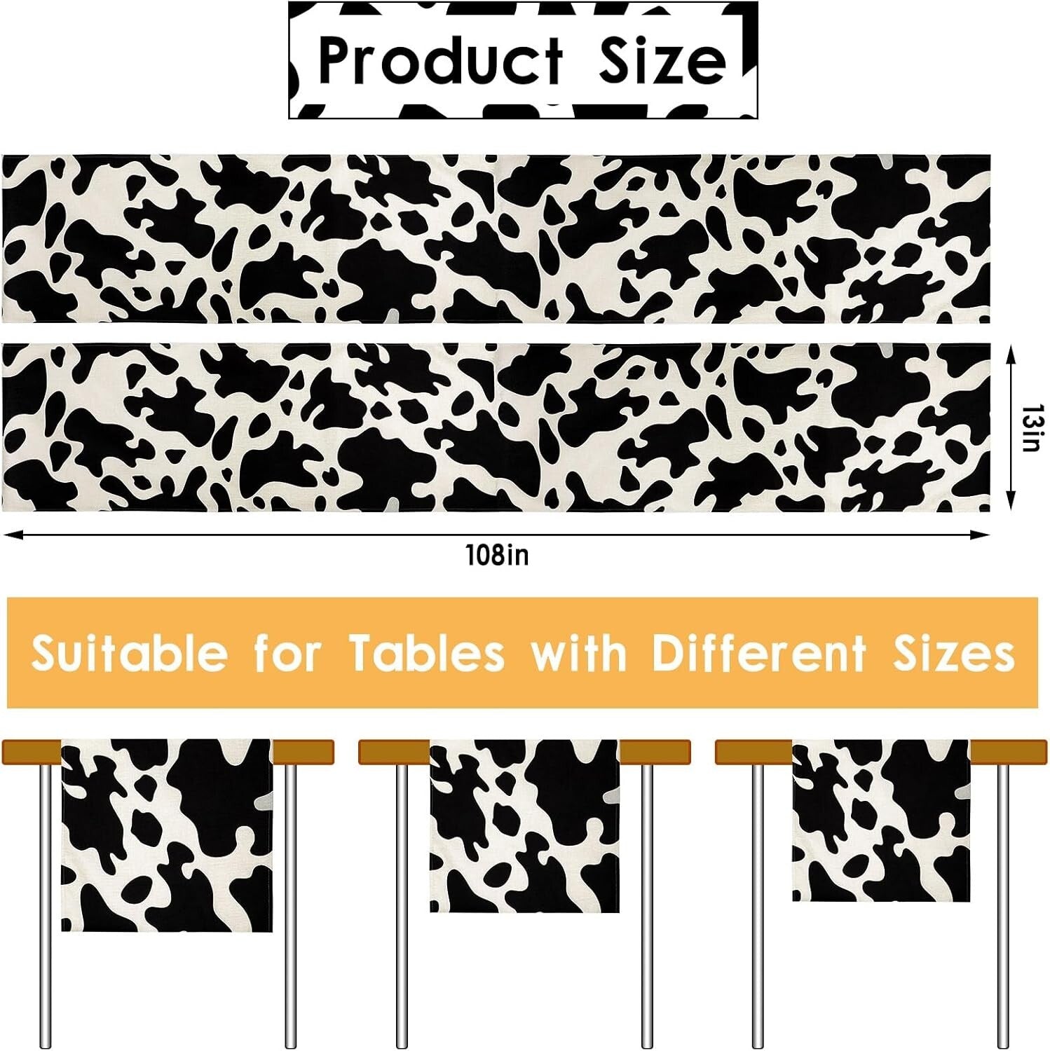 8 Pcs Cow Print Table Runners - Rustic Black and White Linen Tablecloths 13x108