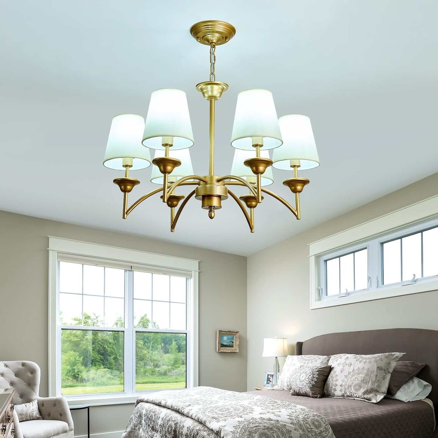 Elegant 6 Light Gold Pendant Chandelier with Fabric Shades - Modern Home Fixture