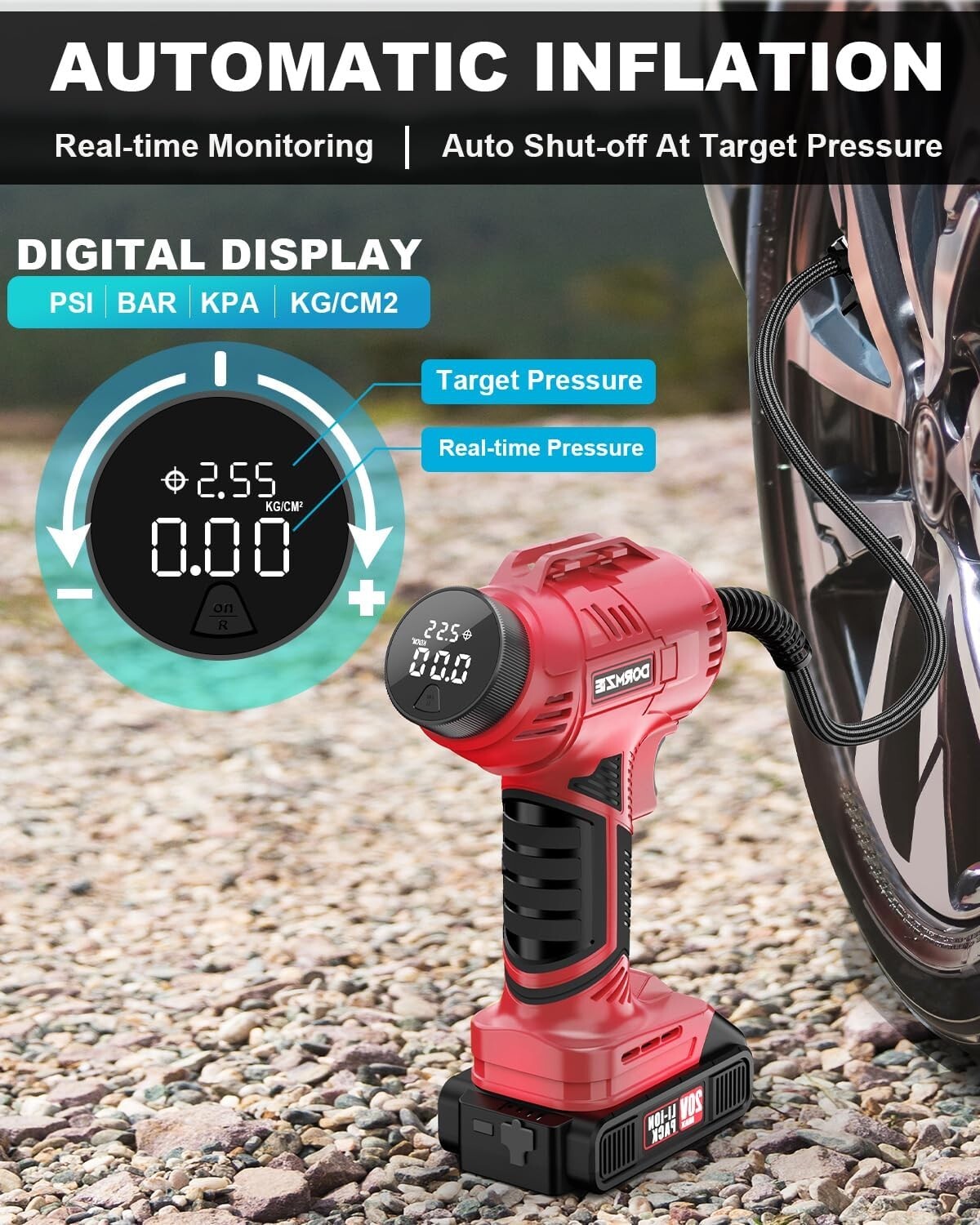 20V Cordless Air Compressor with Digital Display - Complete Tire Inflation Kit