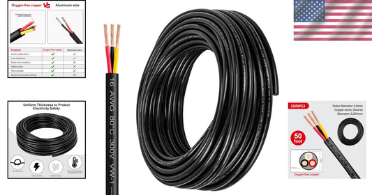 50FT 16 Gauge 3 Conductor Oxygen-Free Copper Cable for LED & Automotive Use