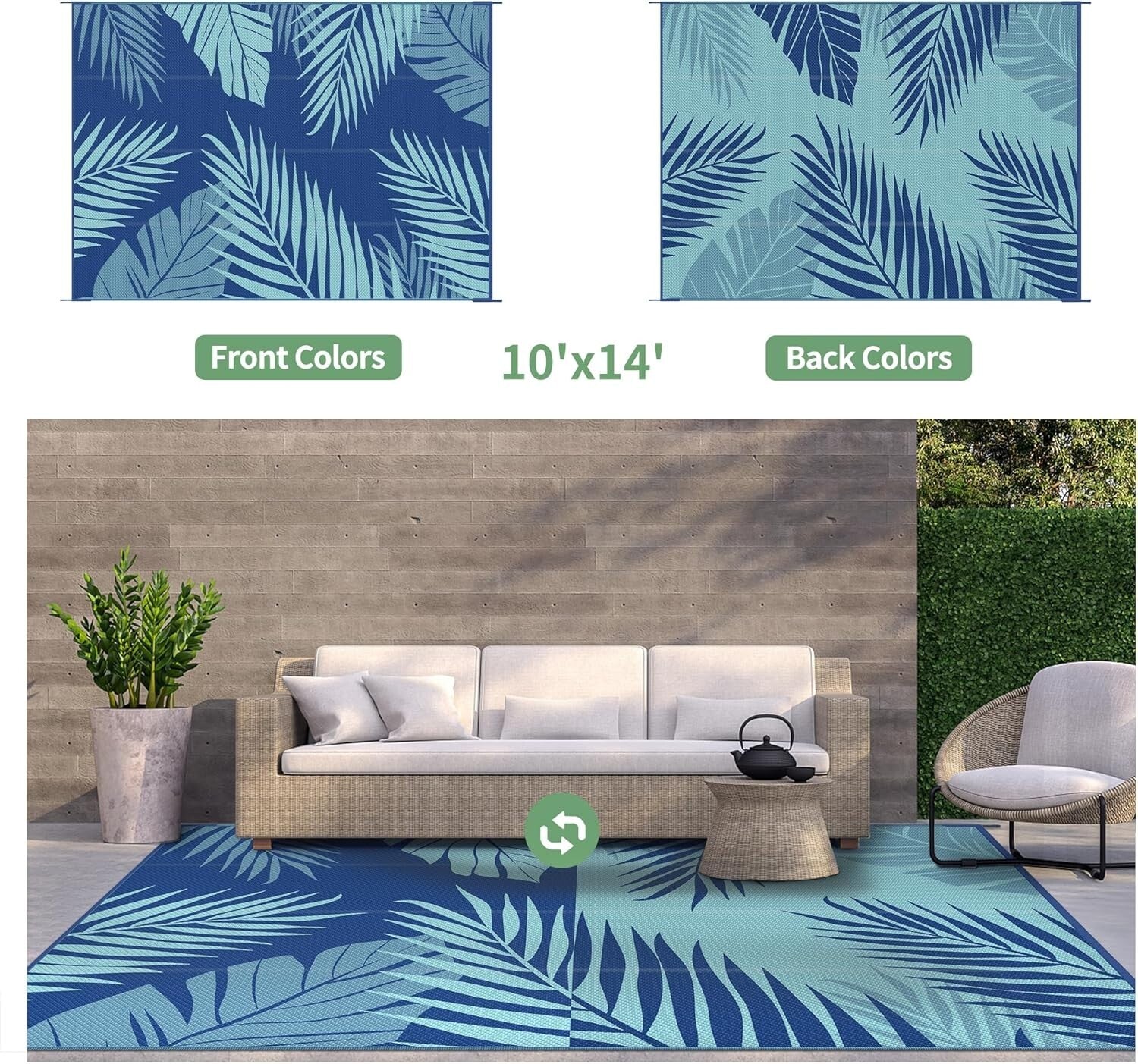 Large Waterproof Area Rug 10' x 14' - Stylish Reversible Pattern for Outdoors