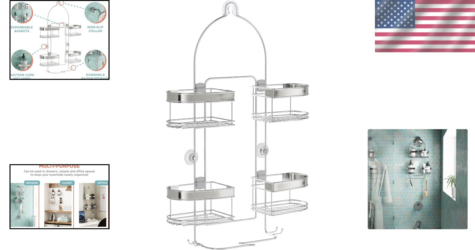 Adjustable Stainless Steel Shower Caddy with 4 Expandable Baskets for Storage
