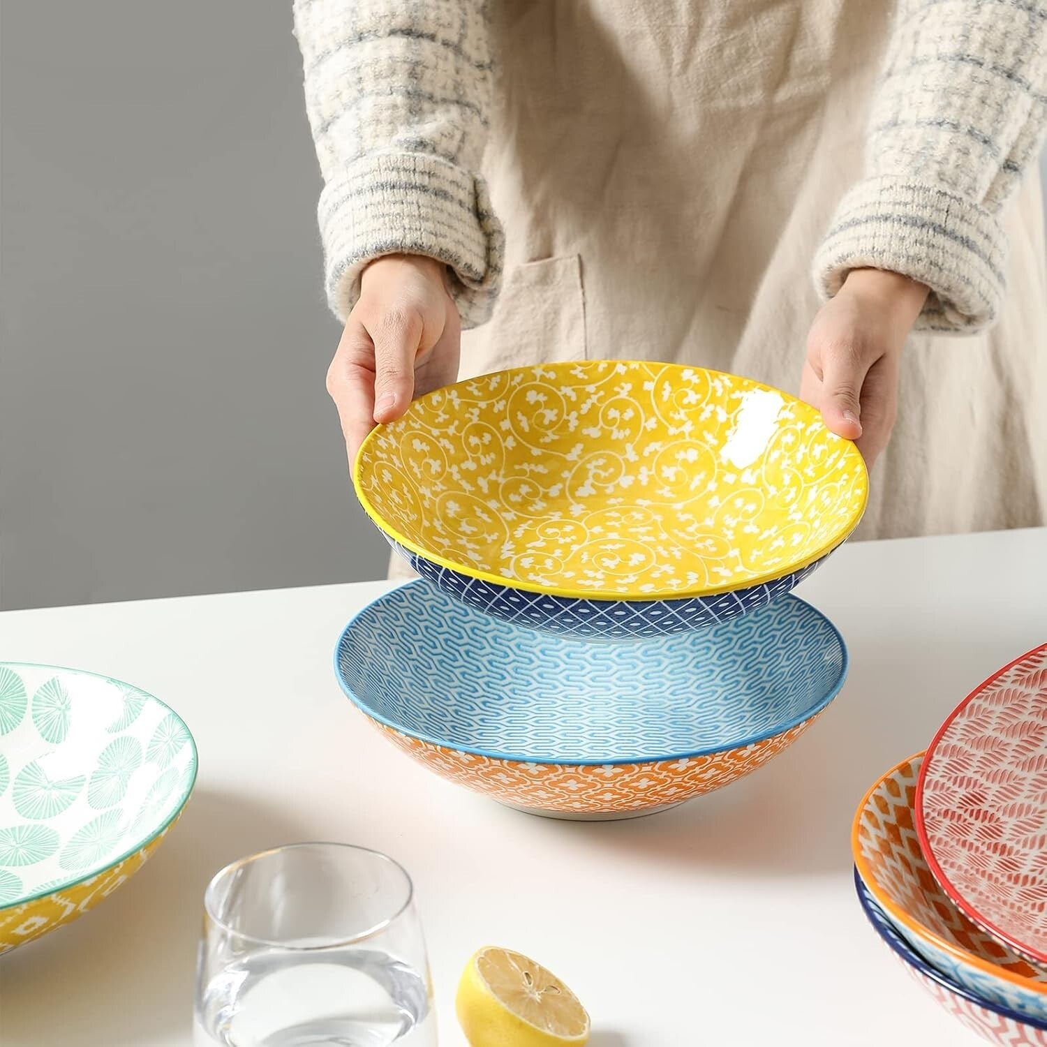 Durable Colorful 9-Inch Pasta & Salad Bowls - Set of 6, Oven & Microwave Safe