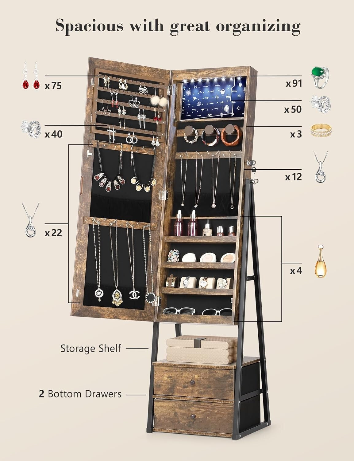 Full-Length Mirror Jewelry Cabinet with Velvet Compartments & 2 Drawers