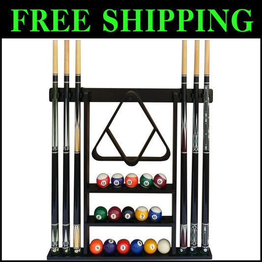 Elegant Black Wall Mount Cue Rack - Holds 6 Cues & 16 Balls - Easy Installation