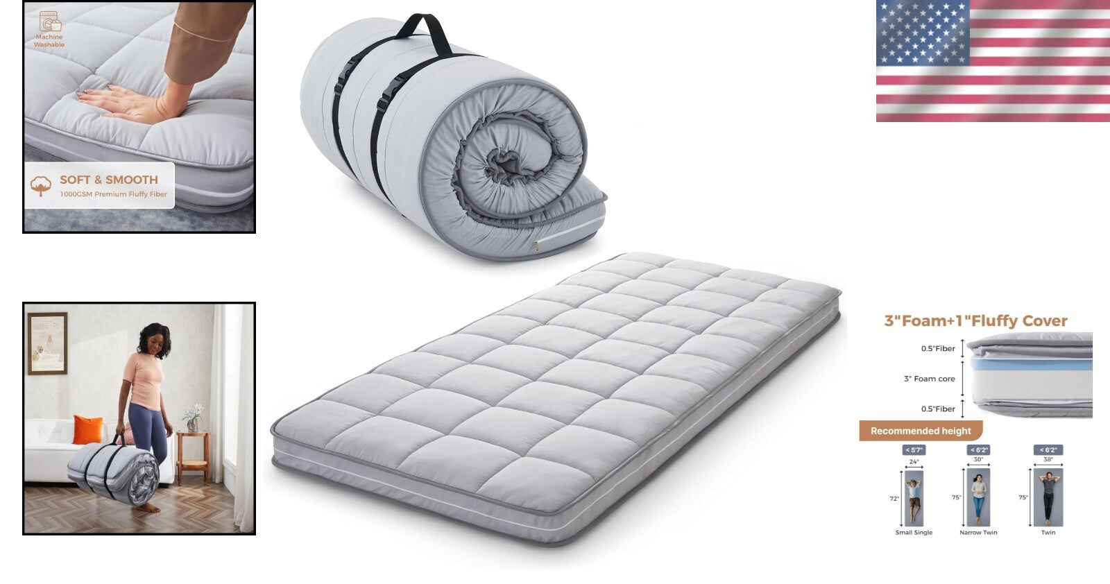 Narrow Twin 75x30" Memory Foam Topper with Zipper Cover - Lightweight & Portable