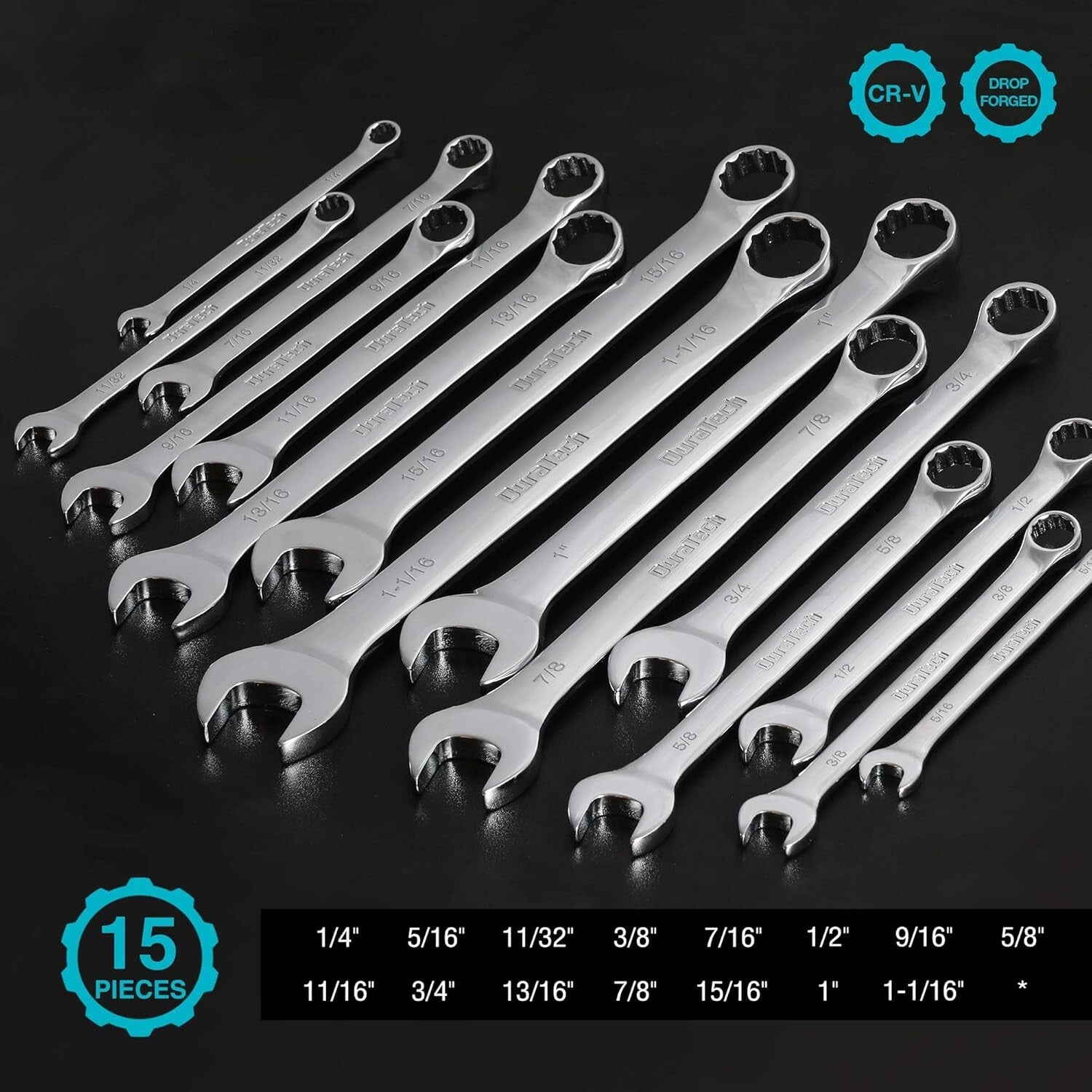 15-Piece Combination Wrench Set - Chrome Vanadium, 12-Point, Portable Pouch