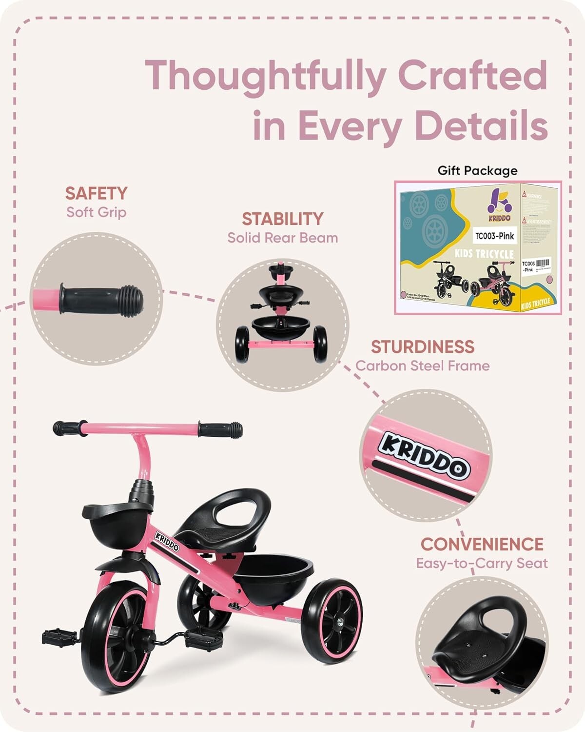 Durable Pink Tricycle for 2-4 Year Olds - Safety First with Ergonomic Comfort
