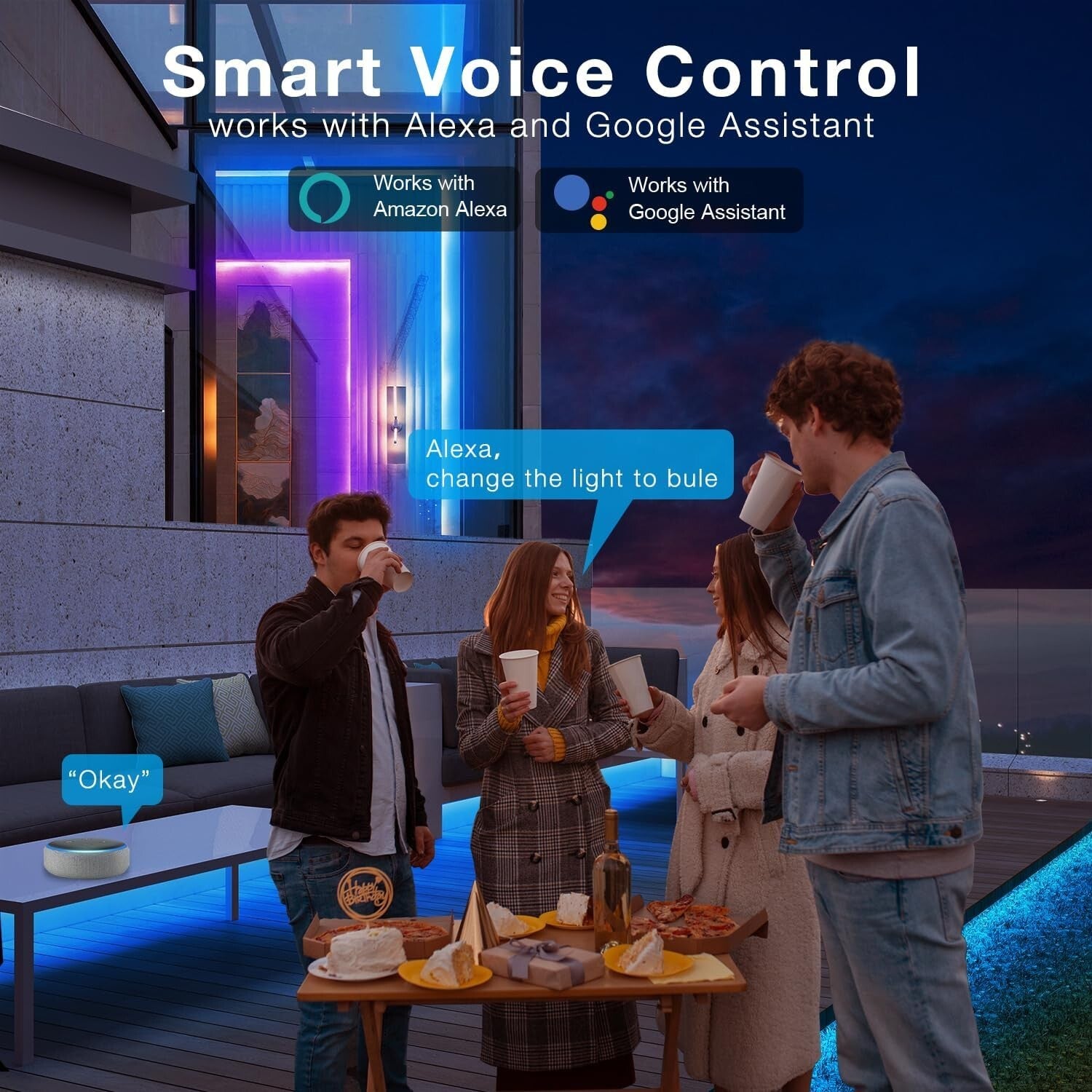 Flexible 32.8 ft Smart LED Strip Lights with Music Sync & Alexa Compatibility