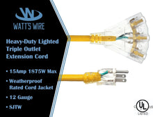 Load image into Gallery viewer, Weather-Resistant 15ft 12 Gauge Extension Cord with 3 Outlets - Lighted Design