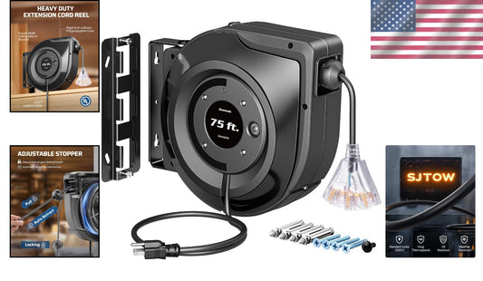 75FT Auto-Retracting Extension Cord Reel with Three Lighted Outlets - UL Listed