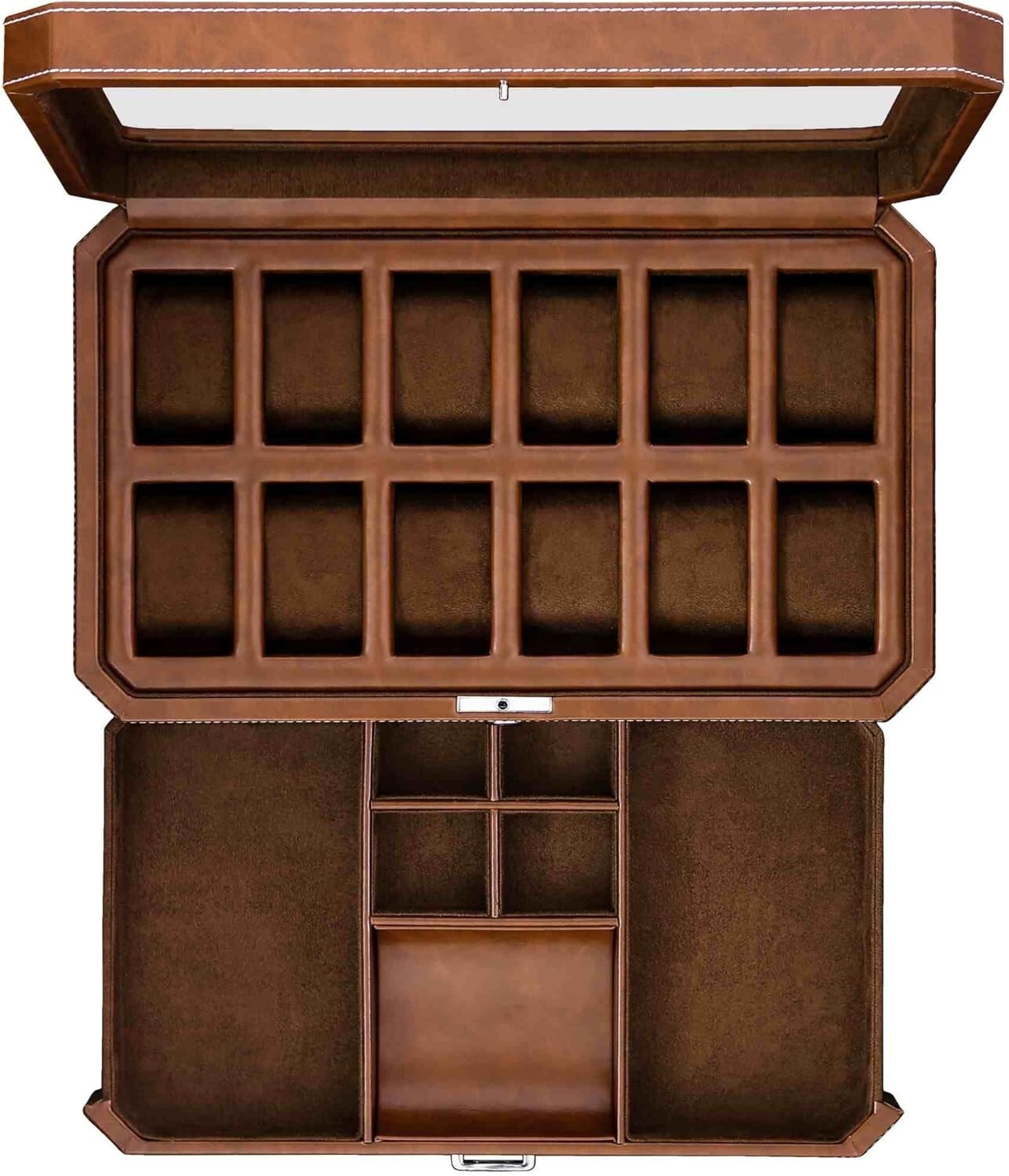 12 Slot Leather Watch Box & Slide Out Drawer - Luxury Organizer in Tan/Brown