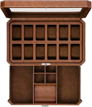 Load image into Gallery viewer, 12 Slot Leather Watch Box &amp; Slide Out Drawer - Luxury Organizer in Tan/Brown