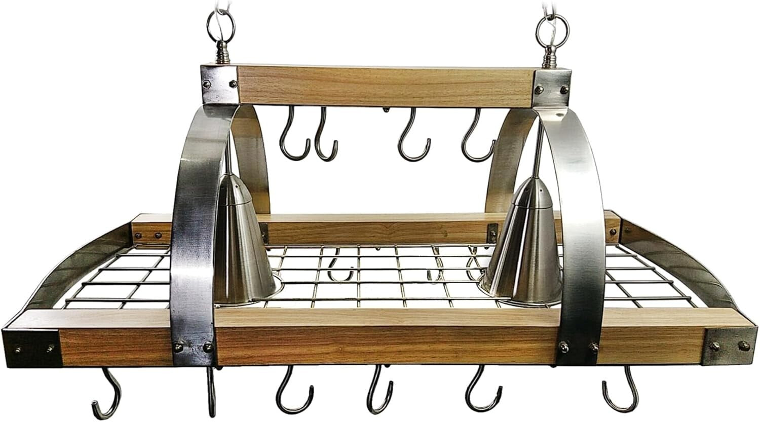 Elegant Wood Pot Rack with Downlights & Brushed Nickel Accents for Kitchens