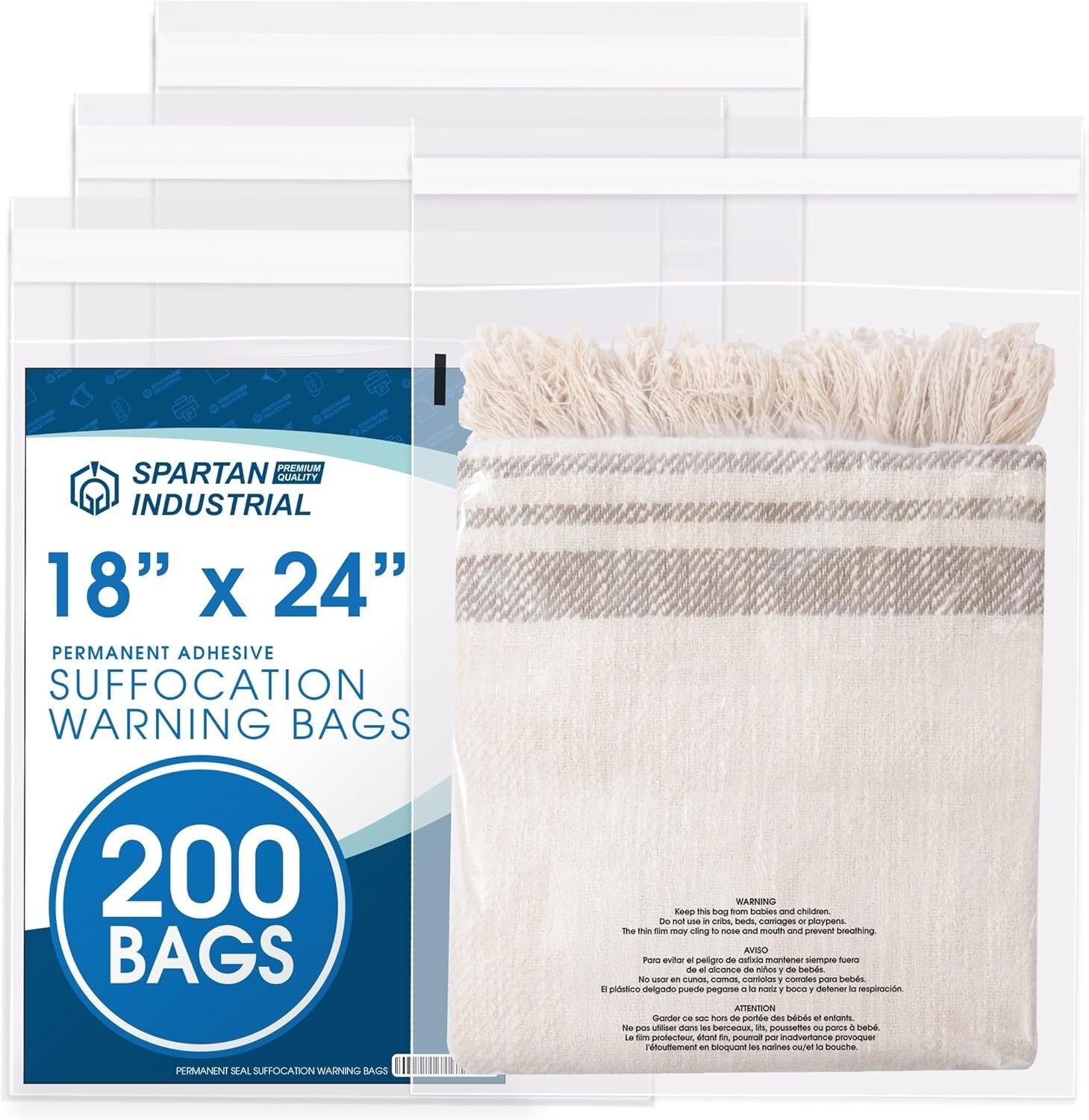 Efficient Self-Seal Clear Bags with Suffocation Warning - 200 Count - 18”x24”