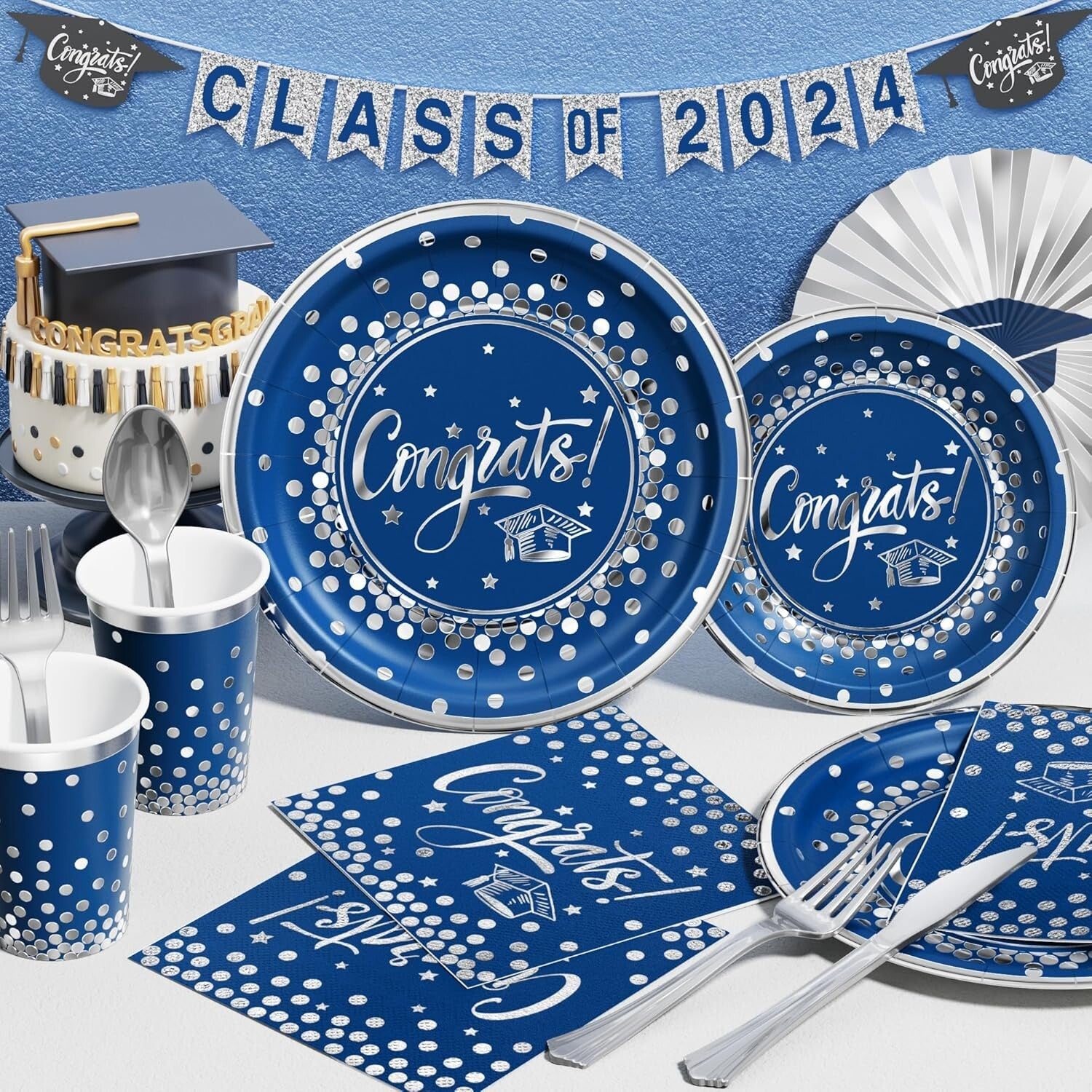 2025 Graduation Party Supplies Set - 245 PCS for 25 Guests in Navy Blue & Silver