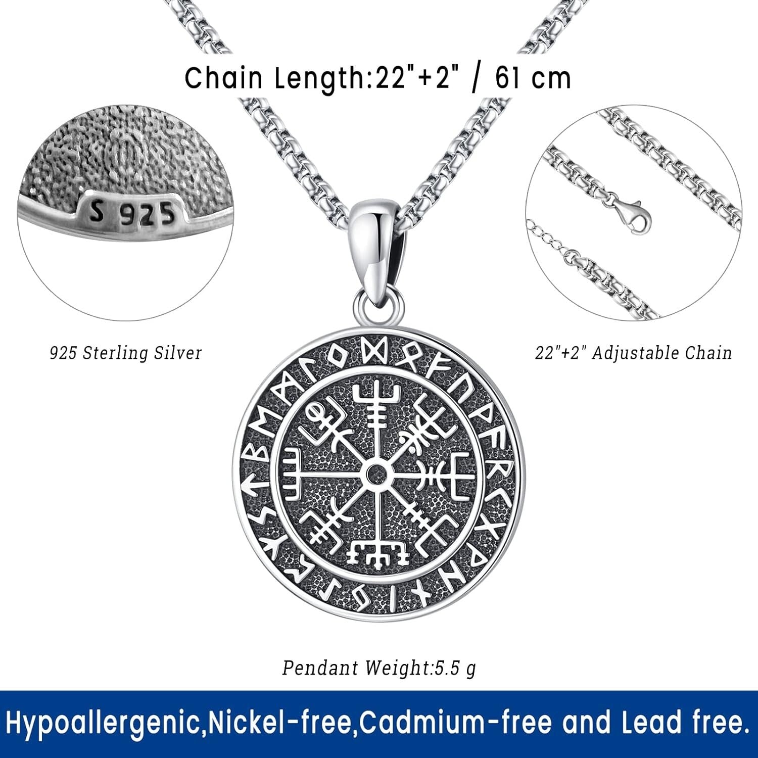 Vegvisir Viking Compass Amulet Necklace in Sterling Silver - Nordic Gift for All