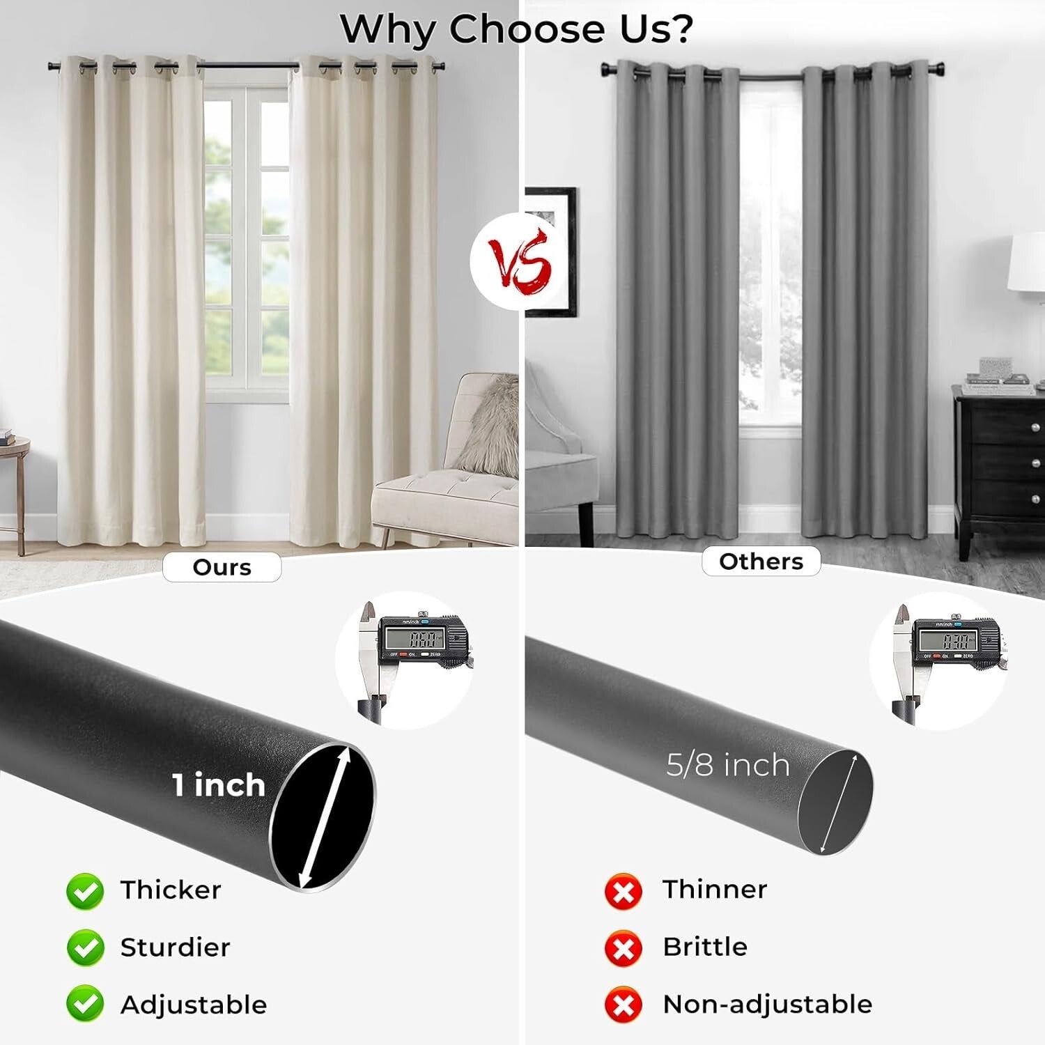 Adjustable 1-Inch Blackout Curtain Rods for Indoor and Outdoor Windows, 48-86"