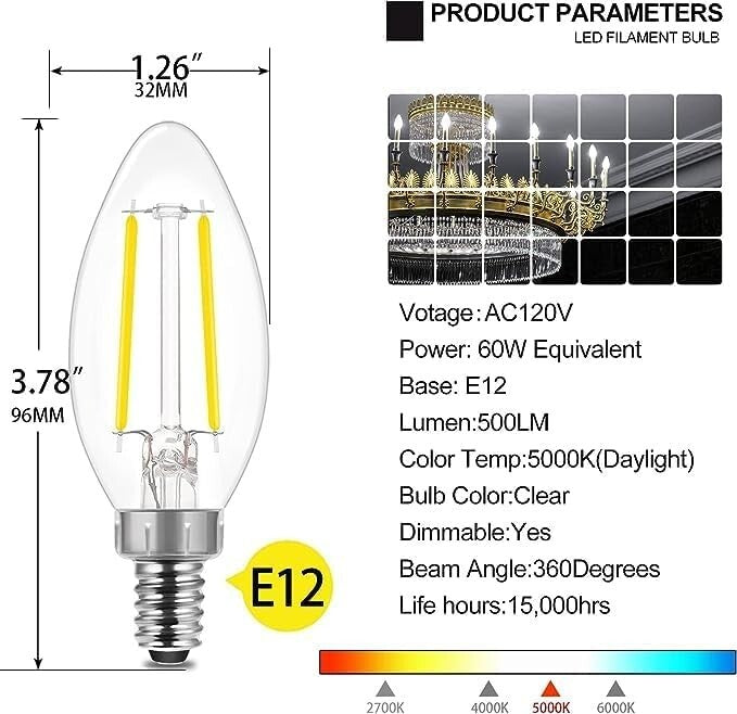 Energetic 24-Pack Dimmable LED Candelabra Bulbs B10, Daylight 5000K E12 Base