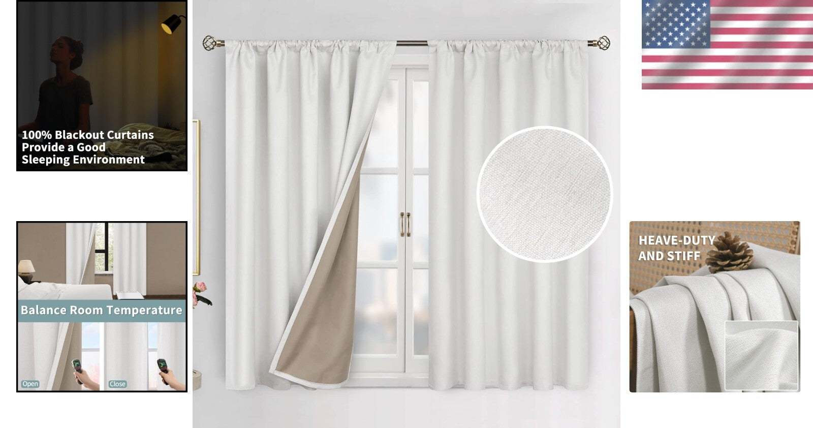 Thermal Insulated Off White Blackout Curtains - 2 Panels 45" Length Each