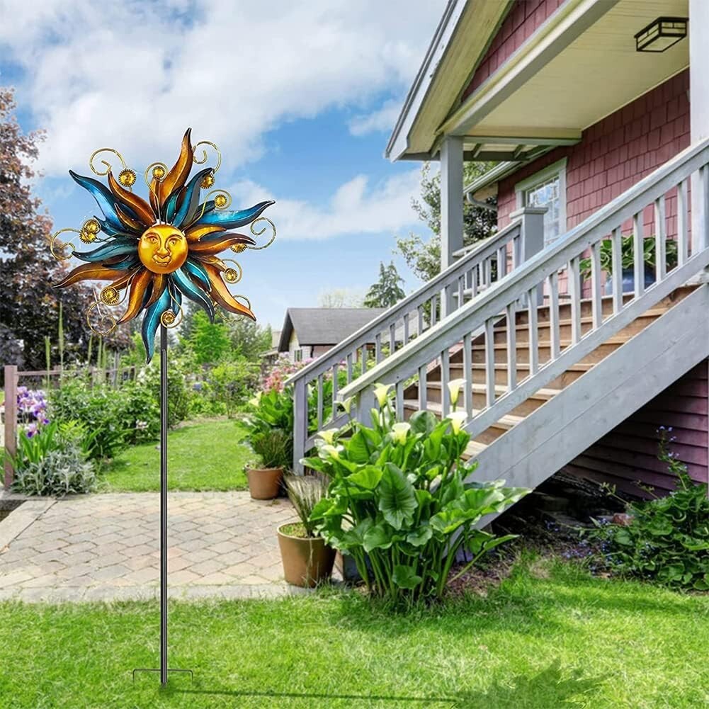 Unique Face Design Solar Garden Wind Spinner with LED Lights - Easy Installation