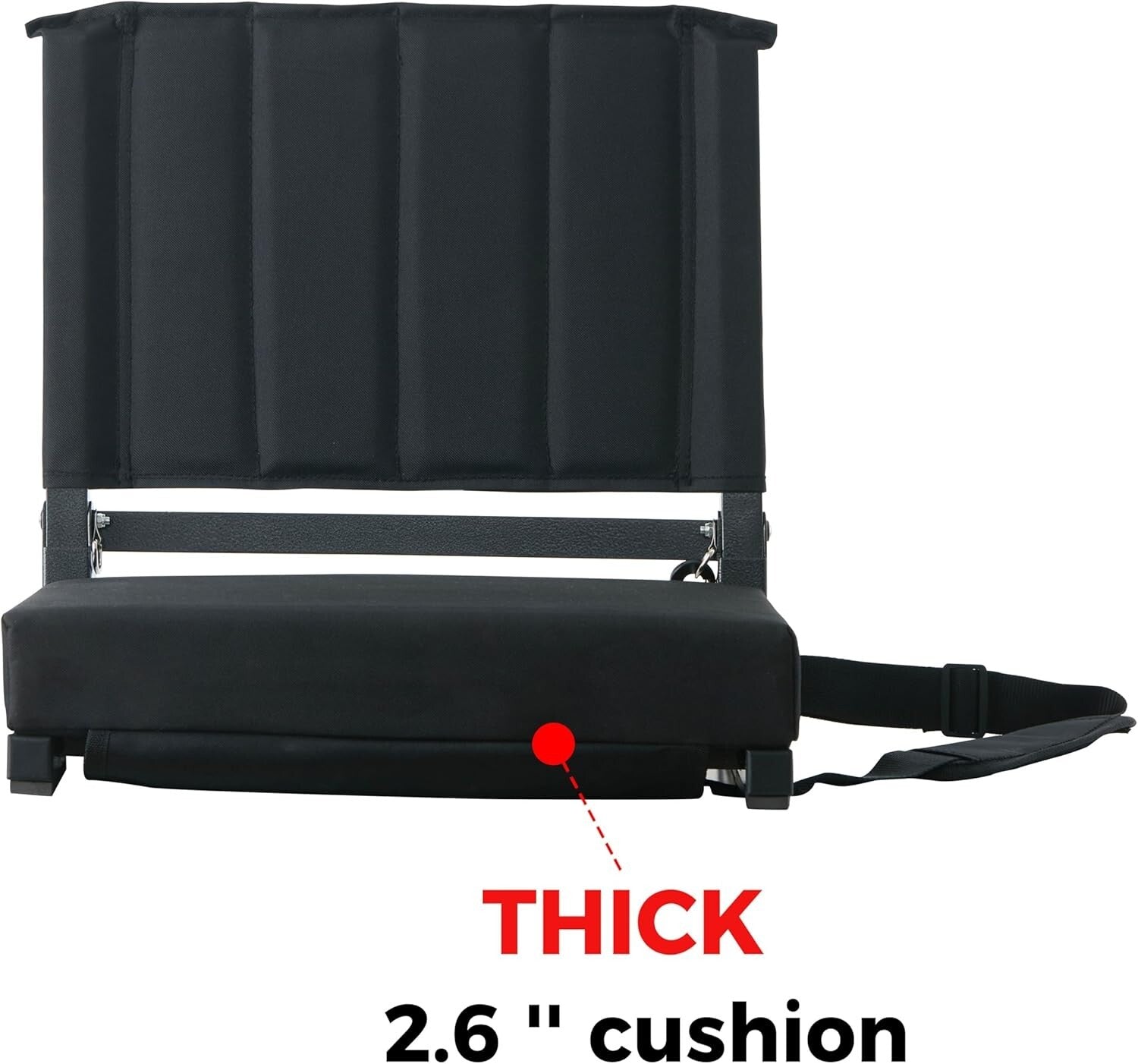 Solid Black Outdoor Bleacher Chair with Cushion and Shoulder Strap - 350 lbs
